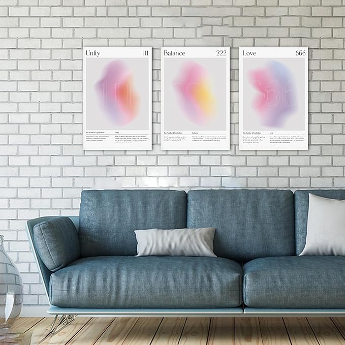 Colorful Gradient Aura Angel Numbers Poster Canvas Print Artwork Room Decor for Bedroom Aesthetic, 3 Piece Framed Inspirational Minimalist Art Paintings Decor for Bedroom Office 16"x24" x 3 Pcs