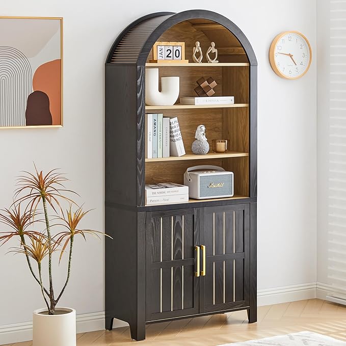 71" Tall Arched Bookcase, Arch Bookshelf with Doors , Modern Farmhouse Book Shelf Storage Cabinet with Adjustable Shelves, Wood Bookshelf w/Open Display for Living Room, Office Decor (Black/Natural)
