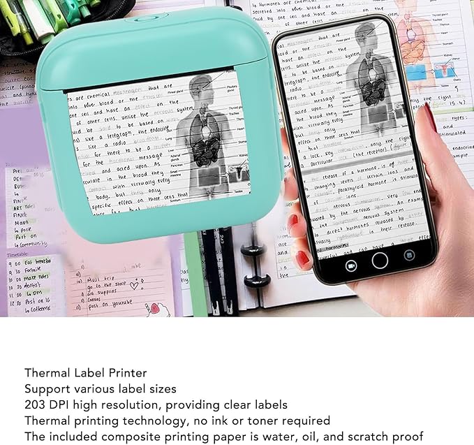 WALFRONT Thermal Label Printer Portable Inkless Label Printer for Home School Office, 203 DPI High Resolution Compact Design 1200mAh Battery (Green)