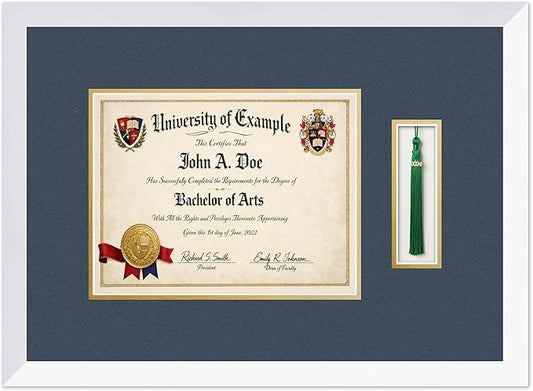 CountryArtHouse Diploma and Tassel Frame Fits 11 x 8.5 US Letter Certificate with Tassel Bright White Genuine Hardwood Shadowbox with Navy Blue Over Metallic Gold Double mat