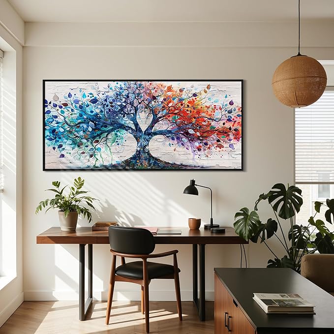 SERIMINO Oversized Large Tree of Life Wall Art for Living Room, Colorful Tree Painting Canvas Prints, Framed Artwork for Walls, Modern Nature Decor for Bedroom Office Hotel, 32"x71"