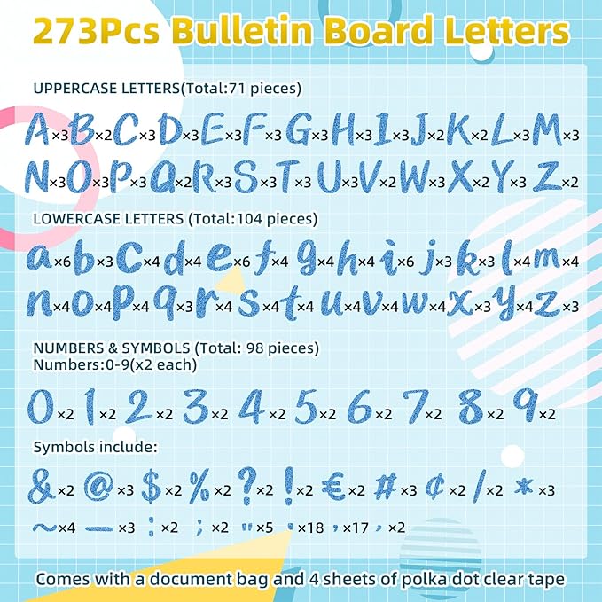 273 Pcs 4 Inch Glitter Bulletin Board Letters Set - Poster Board Letter Cutouts with Alphabet, Symbols, Numbers, Storage Bag - Classroom Decor, DIY Projects, Teacher Supplies, Office (Light Blue)