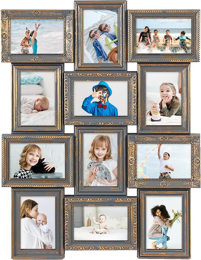 HELLO LAURA - Photo Collage Frame 12 Opening Vintage Collage Picture Frames 18" x 25" Wall Hanging Photo Frame Display 4" x 6" Photos Rusted Gold Edge | Gallery Collection Style