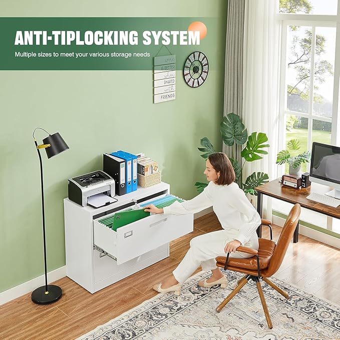 2 Drawer Metal Filing Organization Office Cabinets with Lock,Lateral File Cabinets for Home Office Hanging Files Letter/Legal/F4/A4 Size (2 Drawer-White)