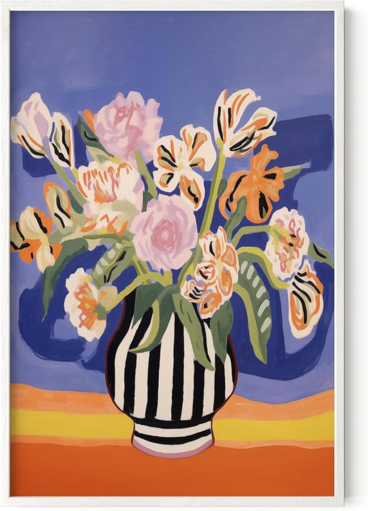HAUS AND HUES Floral Art Wall Decor - Wildflowers Wall Art for Living Room, Floral Artwork for Bedroom Walls, Flower Painting for College Girls Dorm Room (Striped Vase, White Frame, 24x36)
