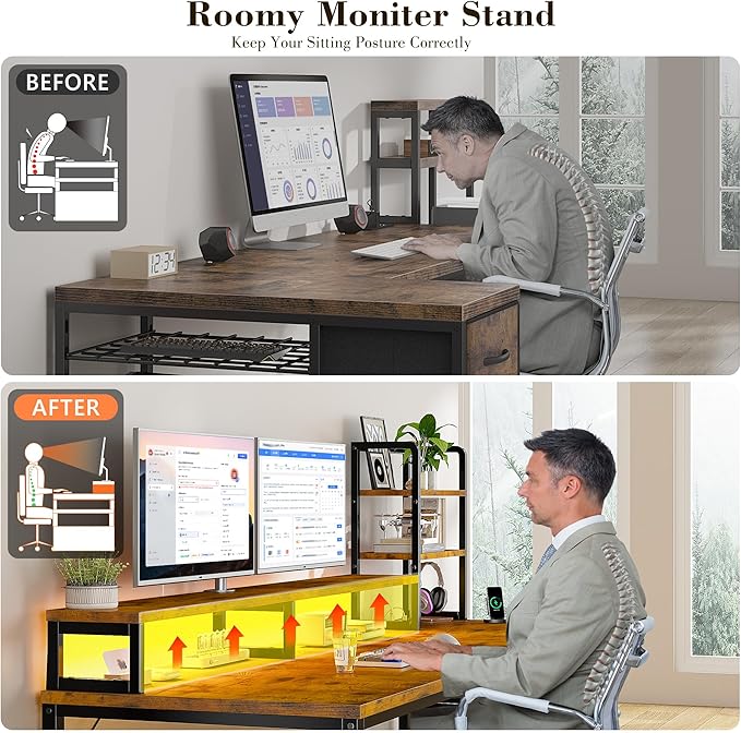 EnHomee 44 Inch Computer Desk with Hutch and Drawers,Reversible Home Office Desk with Monitor Shelf,Small Gaming Desks with USB Power Outlets,Writing Table for Office with LED Lights,Rustic Brown