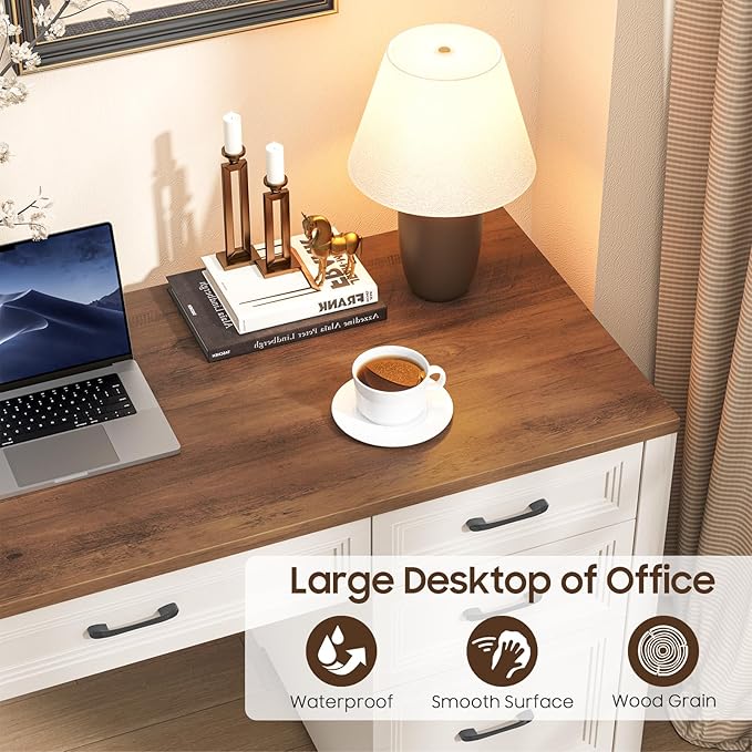 Farmhouse Executive Desk, Wood Home Office Desk with 2 Large File Drawers and 5 Storage Cabinets, Rustic Writing Desk for Work and Study, Brown
