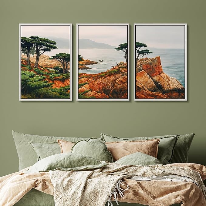 SIGNFORD Framed Wall Art Print Set Coastal Cypress and Rocky Shoreline Scenic Landscape Digital Art Modern Art Contemporary for Living Room, Bedroom, Office - 16"x24"x3 White