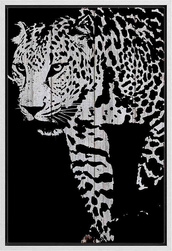 IDEA4WALL Framed Canvas Print Wall Art Grayscale Spotted Leopard on Wood Panels Animals WildLife Illustrations Modern Art Tropical Portrait Dark for Living Room, Bedroom, Office - 16"x24" WHITE