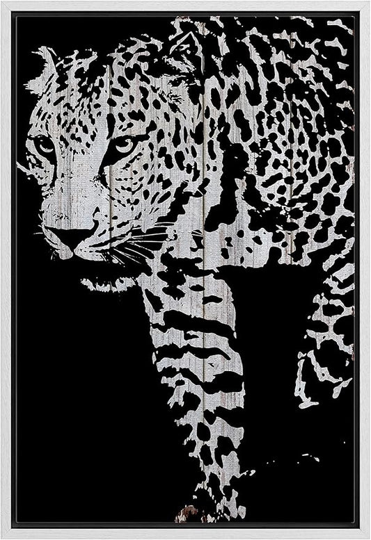 IDEA4WALL Framed Canvas Print Wall Art Grayscale Spotted Leopard on Wood Panels Animals WildLife Illustrations Modern Art Tropical Portrait Dark for Living Room, Bedroom, Office - 16"x24" WHITE
