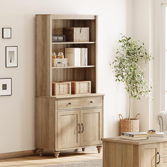 WAMPAT 5 Tier Bookshelf 72" Tall Bookcase with Barn Doors, Large Farmhouse Display Book Shelf with Wood Doors and Storage Cabinet，Library Wooden Bookshelves for Living Room, Office, Kitchen, Oak