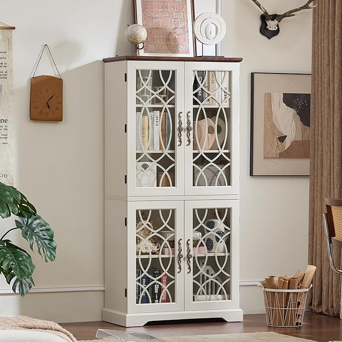 67" Tall Bookshelf, Vintage Book Shelf with Glass Doors, 5-Tier Wood Bookcase with Adjustable Storage Shelves, Freestanding Rustic Curio Display Cabinet for Living Room, Office, White，2PCS