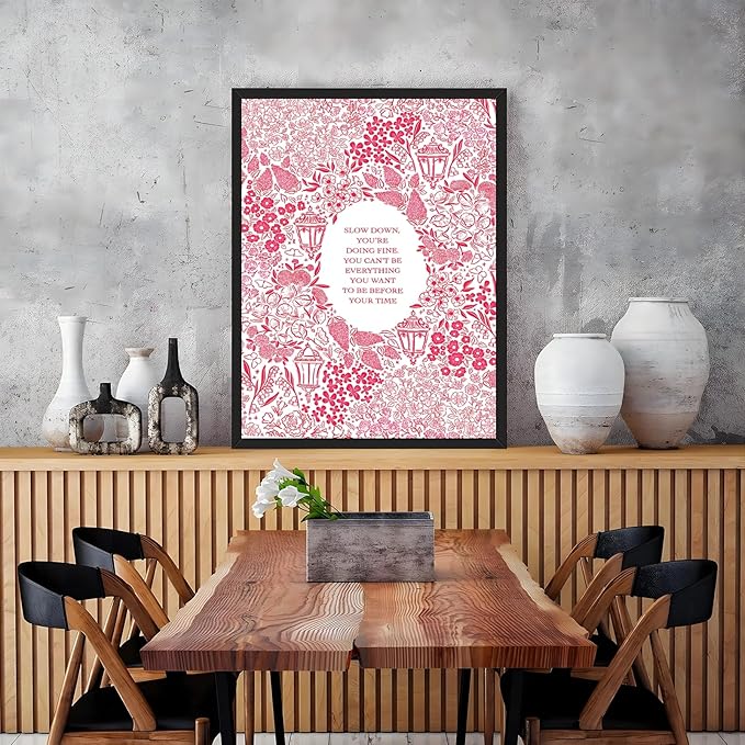 Slow Down You're Doing Fine Music Posters Motivational Quote Pink Wall Art Vintage Floral Positive Daily Reminder Song Lyrics Canvas Print Aesthetic Office Home Decor 8x12inch Black Framed