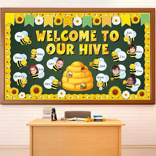 gisgfim Spring Bee Bulletin Board Decorations Set Bee Sunflower Paper Name Tags Paper Cutouts Welcome to Our Hive Classroom Bulletin Board Decor for Summer Back to School Home Chalkboard Wall