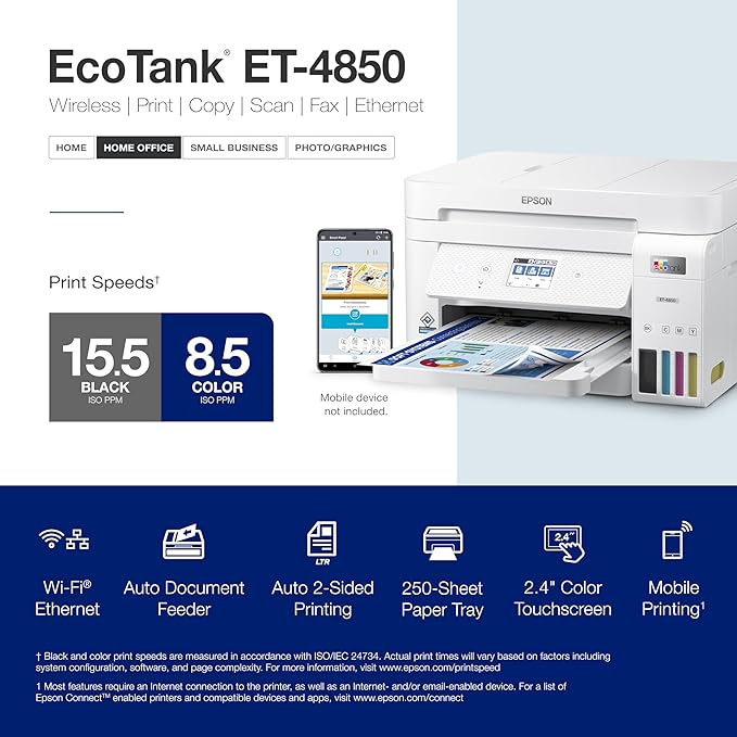 Epson EcoTank ET-4850 Wireless All-in-One Cartridge-Free Supertank with Scanner Copier, Fax, ADF and Ethernet, The Printer Office Printer - White