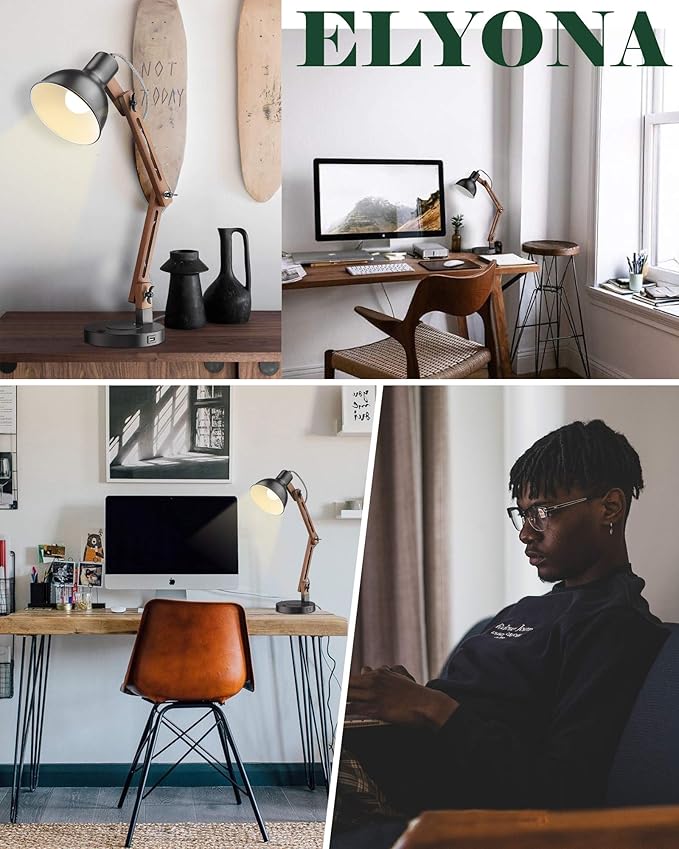 ELYONA Modern LED Desk Lamp with Upgraded Wireless Charger & USB C Charging Port Sapele Wood Table Lamp Swing Arm Bedside Reading Task Light for Dorm Office Bedroom Living Room Bulb Included Black