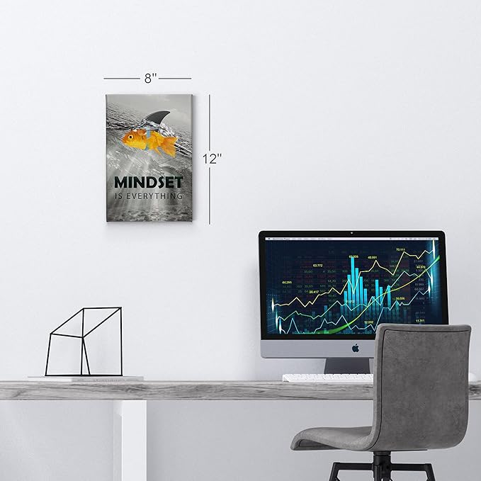 Smile Art Design Black and White Mindset is Everyting Orange Fish vs Shark Motivational Wall Art Canvas Print Inspirational Entrepreneur Quote Office Living Room Decor Gift Ready to Hang 40x30