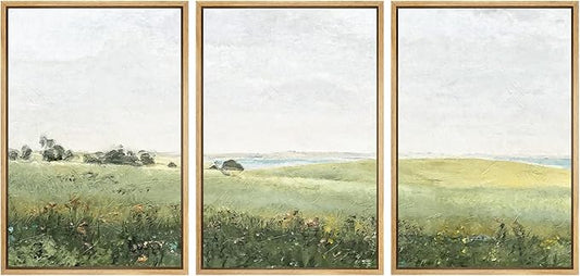 SIGNWIN Framed Canvas Print Wall Art Set Green Pasture Countryside Flower Field Nature Abstract Illustrations Modern Art Decorative Nordic Rustic for Living Room, Bedroom, Office - 24"x36"x3 Natural