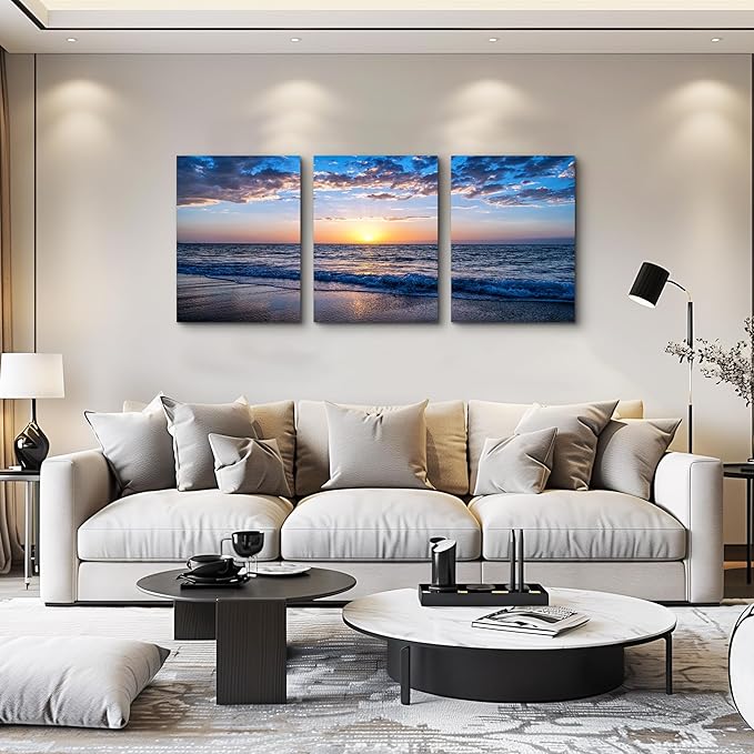hyidecorart Set of 3 Wall Art Canvas Prints, Beach Sunrise Sunset Pictures Wall Decor Ocean Waves Nature Seascape Poster Coastal Landscape Painting for Living Room, Bedroom, Office Home Decor