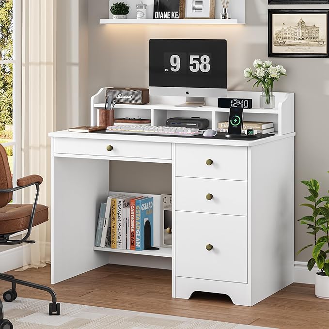 TTVIEW Computer Desk with Drawers and Hutch Shelf, Wood Executive Desk Writing Study Table with 43” Wide Tabletop, Small Desk with File Drawer for Home Office Bedroom, White
