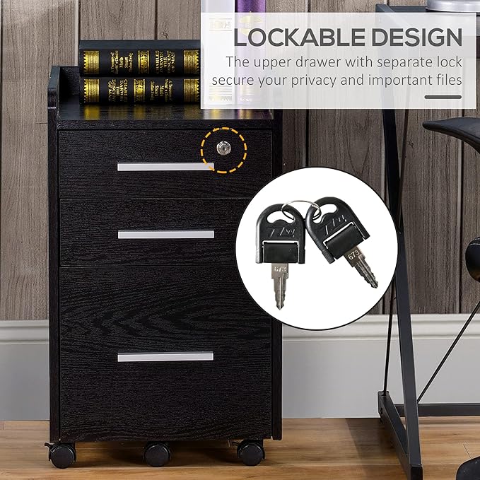 HOMCOM Vertical Filing Cabinet 3-Drawer, Mobile File Cabinet with Lock and Wheels for A4, Letter Size, Black