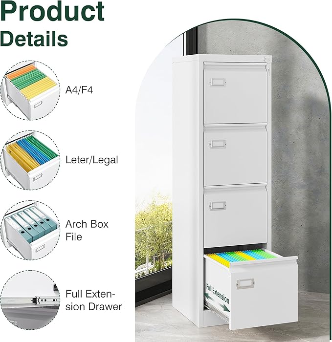 STANI Metal Vertical File Cabinet with Lock，Narrow Filing Cabinets Hanging Files Letter/Legal/A4 Size, Metal Storage Cabinet for Home Office, Assembly Required (White, 4-Drawer)