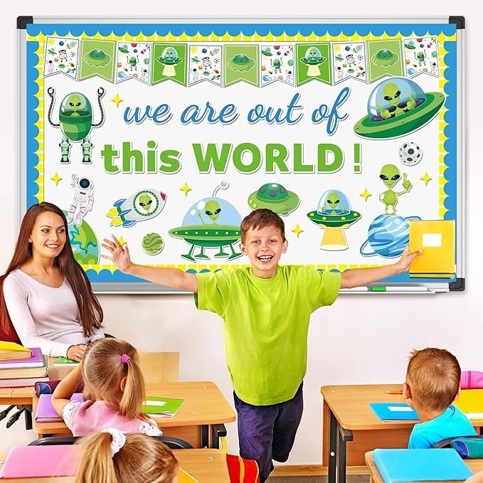 Outer Space Theme Bulletin Board Set Alien Classroom Bulletin Board Decorations Space Astronaut Planet Cutouts Classroom Decorations for Back to School Office Home Chalkboard Decor Wall Door