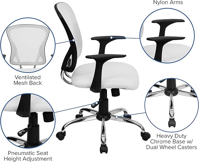 Flash Furniture Alfred Mid-Back White Mesh Swivel Task Office Chair with Chrome Base and Arms