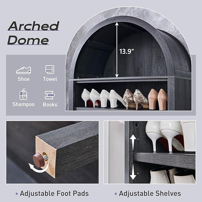 71" Tall Arched Bookshelf, 7 Tiers Arch Bookcase with Storage, Modern Farmhouse Book Shelf with Adjustable Shelves, Wood Bookshelf w/Open Display Shelves for Living Room, Office (Dark Grey)