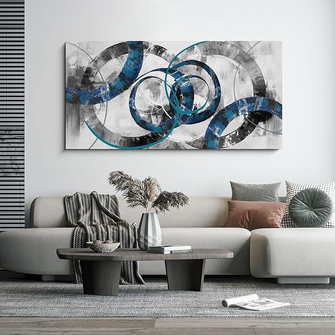 XLSJERST Canvas Wall Art for Living Room - Navy Blue and gray Abstract Picture Modern Paintings Framed Artwork for Bedroom Office Home Decor