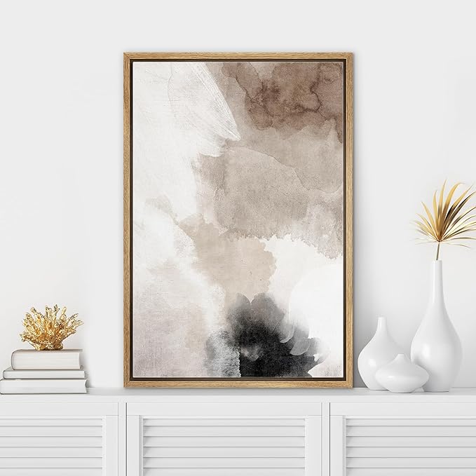 SIGNWIN Framed Canvas Print Wall Art Faded Textured Brown & White Color Blocks Abstract Illustrations Minimalism Contemporary Nordic Decorative for Living Room, Bedroom, Office - 24"x36" Natural