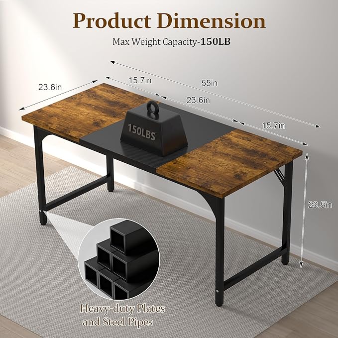 55 X 23.6 Inch Computer Desk, Office Desk w/Deeper Carbon Fiber Desktop, Modern Simple Study Table w/Sturdy Metal Frame & Large Legroom, Gaming Writing Work Desk for Home Office, Bedroom
