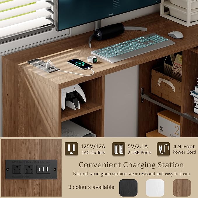 L-Shaped Desk with Storage–Small Study Table with Charging Station, Rotating Writing Desk & Corner Computer Desk for Home Office, 67” Long Bed Side Table（Oak）