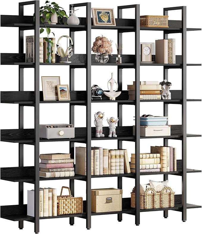 IRONCK Bookcase and Bookshelves Triple Wide 6 Tiers Large Open Shelves, Etagere Bookcases with Back Fence for Home Office Decor, Easy Assembly