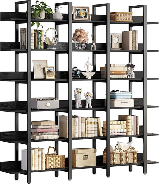 IRONCK Bookcase and Bookshelves Triple Wide 6 Tiers Large Open Shelves, Etagere Bookcases with Back Fence for Home Office Decor, Easy Assembly