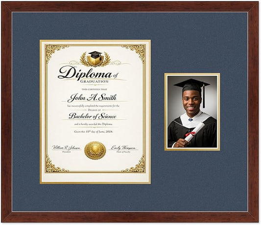 CountryArtHouse Fits 10 x 13 College Diploma (Portrait Traditional) and 5 x Diploma and Photo Frame Rustic Walnut Genuine Hardwood with Navy Blue Over Metallic Gold Double mat