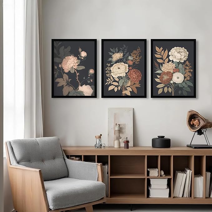 Krtoni 3PCS Framed Vintage Flower Wall Art, Rustic Farmhouse Dark Peony Floral Wall Decor, Retro Plants Aesthetic Painting Prints, Flower Botanical Artwork for Living Room Bedroom Bathroom 12W x 16H