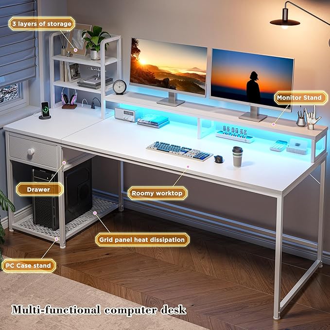 55 Inch White Computer Desk with Drawers and Hutch,Reversible Home Office Desk with Monitor Shelf,Gaming Desks with USB Power Outlets&Storage,Writing Study Table for Bedroom with LED Lights,White