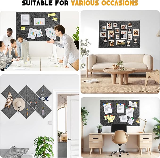 Large Cork Board Alternative - 6 Pack 36" x 24" Felt Wall Tiles with Safe Removable Adhesive Tabs, Grey Cork Boards for Walls Pin Board Bulletin Board Cork Board for Office
