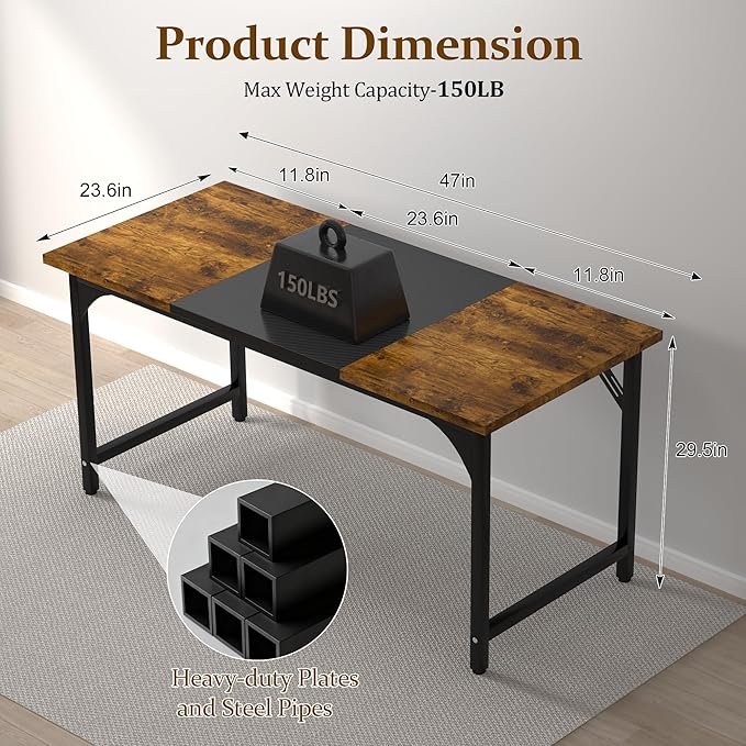 47 X 23.6 Inch Computer Desk, Office Desk w/Deeper Carbon Fiber Desktop, Modern Simple Study Table w/Sturdy Metal Frame & Large Legroom, Gaming Writing Work Desk for Home Office, Bedroom