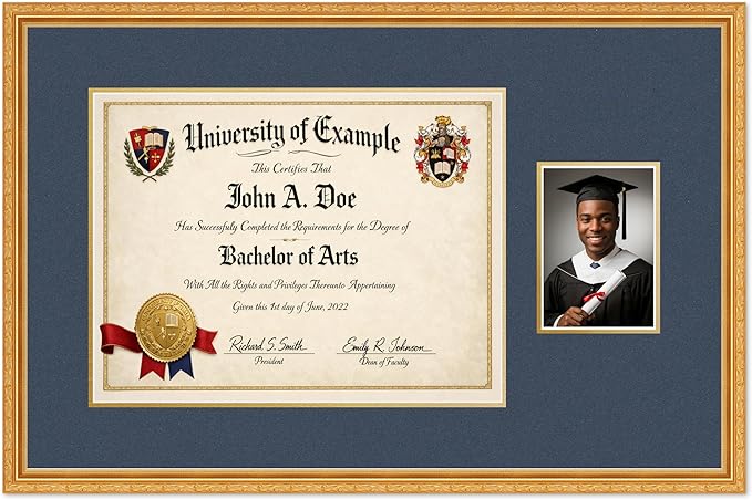 CountryArtHouse Fits 17 x 13 International Diploma and 5 x 7 Photo Diploma and Photo Frame Museum Gold Genuine Hardwood with Navy Blue Over Metallic Gold Double mat