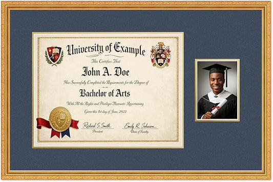CountryArtHouse Fits 17 x 13 International Diploma and 5 x 7 Photo Diploma and Photo Frame Museum Gold Genuine Hardwood with Navy Blue Over Metallic Gold Double mat