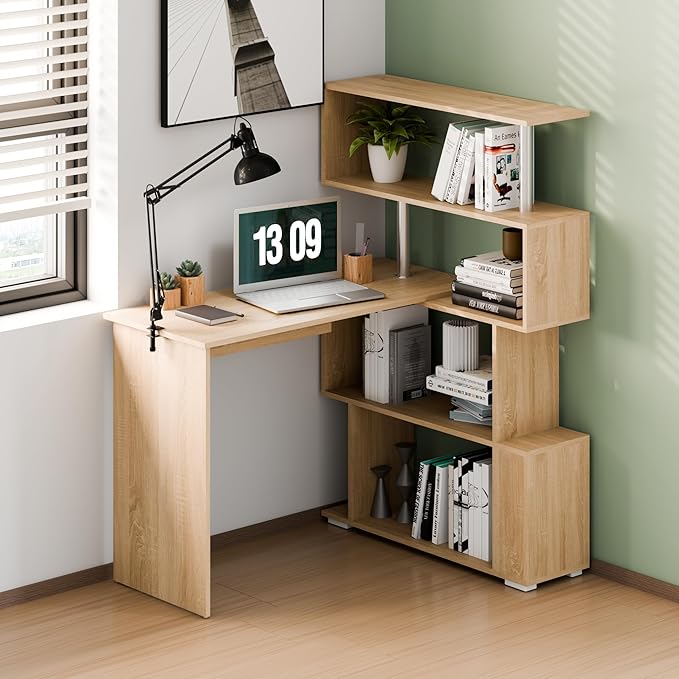 L Shaped Computer Desk, Corner Desk, 360 Degree Rotatable, Space Saving Table with Spacious Storage for Home Office Workstation Study, 157 x 45 x 130.5 cm, Oak