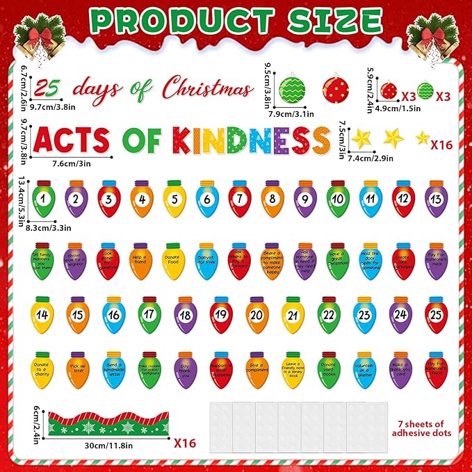 Christmas Bulletin Board Set Christmas Kindness Classroom Decoration Xmas Countdown Bulletin Board Winter Xmas Star Colorful Light Bulb Cutouts for Holiday Classroom Home School Chalkboard Wall Decor