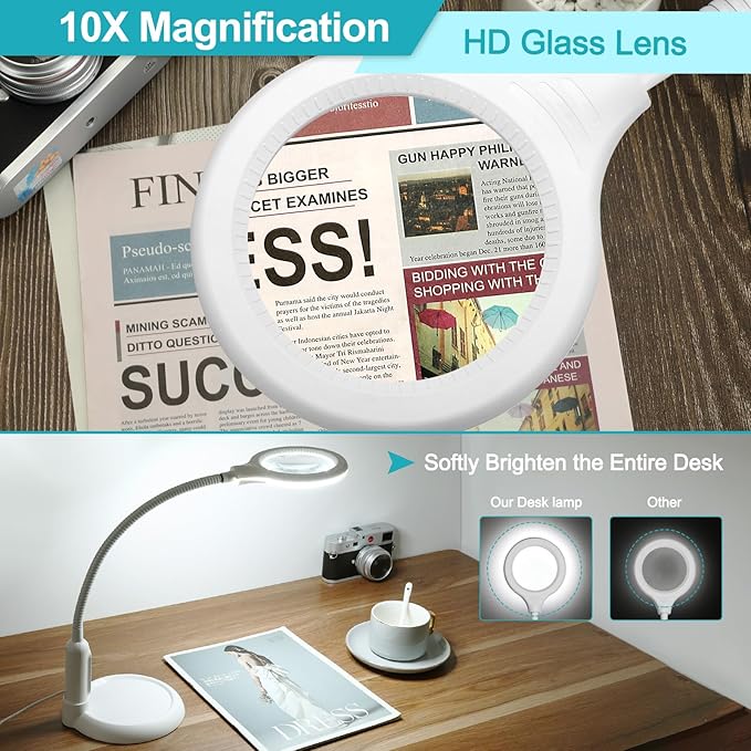 10X Magnifying Glass with Light and Clamp, 5 Color Modes Stepless Dimmable Lighted Magnifier with Stand, Flexible Gooseneck LED Desk Lamp Hands Free for Craft Painting Hobby Close Work