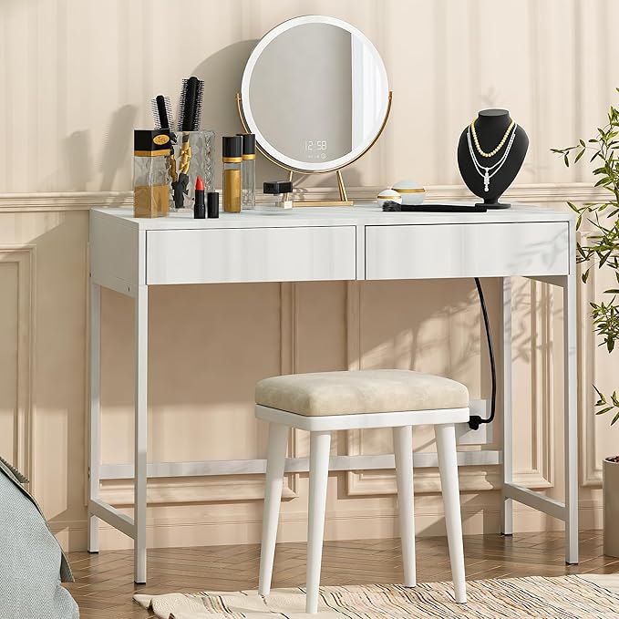 Treocho Computer Desk with USB Charging Ports and Power Outlets, Modern Simple 40 inch White Desk with 2 Drawers, Vanity Desk, Makeup Table for Home Office, Bedroom