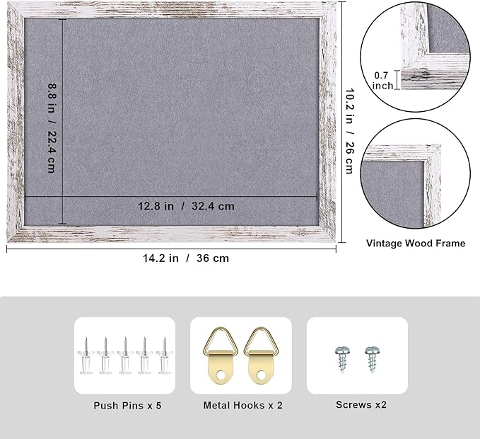Gray Felt Bulletin Board, 14.2x10.2 inches Decorative Hanging Bulletin Boards for Walls with White Rustic Wood Frame, Pin Board Vision Board for Office Home School with Pins (2636,WH,1pc)