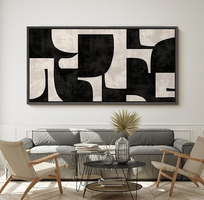 SIGNFORD Extra Large Framed Canvas Black and Beige Geometric Abstract Mid-Century Illustrations Modern Art Calm Warm for Living Room, Bedroom, Office - 60"x30"
