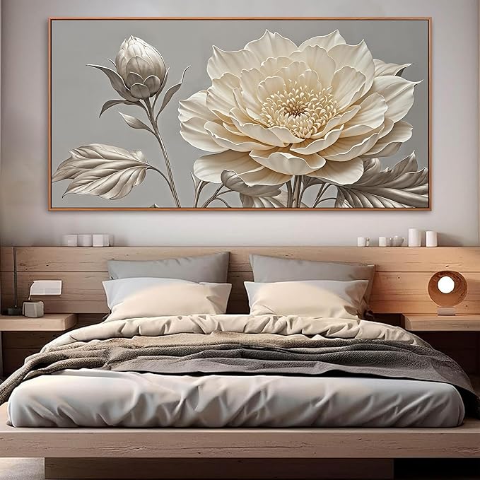 Large Wall Art Living Room Home Wall Decor Modern Canvas Art Wall Decor 29 X 58 Inches White Flower Wall Art Painting Print Elegant Silver White Flower Picture For Bedroom Office Artwork With Framed