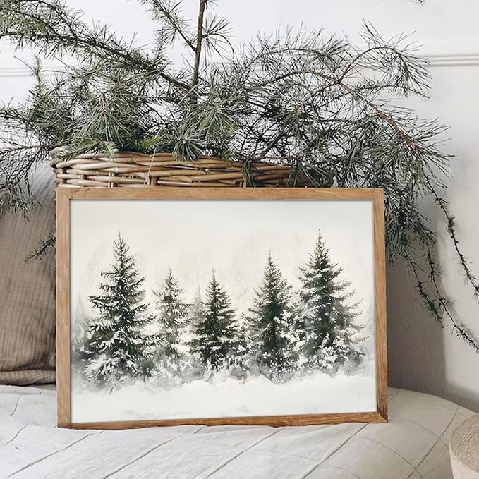 uniro Christmas Wall Art Prints, Vintage Christmas Decor, Rustic Winter Pine Forest Christmas Trees Canvas Art Prints Poster Painting, Farmhouse Christmas Forest Landscape Winter Art Picture Aesthetic for Bedroom Bathroom Living Room Office Decor (8" x...